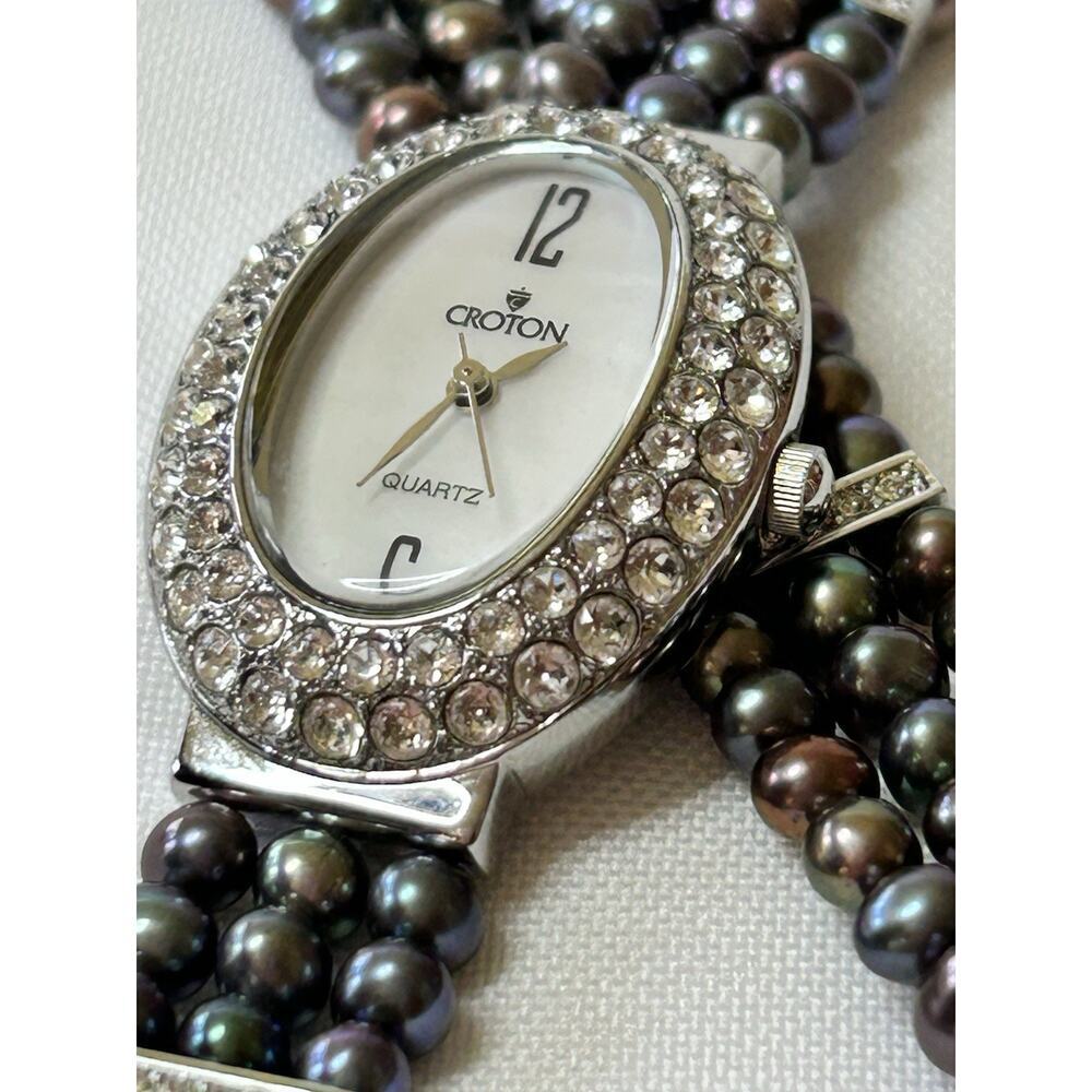 Croton Women's Mother of Pearl Watch & Bracelet Set Crystal Halo Tahitian Pearl